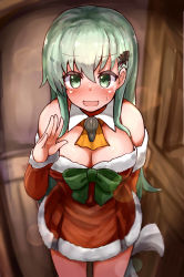 Rule 34 | 10s, 1girl, :d, absurdres, ascot, blurry, blush, breasts, christmas, cleavage, depth of field, detached sleeves, dress, green eyes, green hair, hair ornament, hairclip, highres, kantai collection, long hair, looking at viewer, md5 mismatch, okitsugu, open mouth, red dress, resized, resolution mismatch, sack, santa costume, smile, solo, source smaller, suzuya (kancolle), sweat, upscaled, waving, wavy mouth