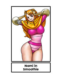 Rule 34 | 1girl, arms up, breasts, brown eyes, charlotte smoothie, charlotte smoothie (cosplay), cosplay, earrings, gloves, iury padilha, jewelry, large breasts, leotard, long hair, nami (one piece), one piece, orange hair, pink leotard, thighs, wide hips