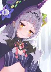Rule 34 | 1girl, arched bangs, black gloves, black headwear, blunt bangs, blush, bow, closed mouth, commentary request, cropped shirt, flat chest, gloves, grey hair, hair bun, hair ornament, hairband, hat, heart, heart hands, highres, hololive, long hair, long sleeves, looking at viewer, midorikawa (tawf5452), murasaki shion, murasaki shion (1st costume), pinstripe pattern, shirt, short eyebrows, single side bun, smile, solo, striped clothes, striped shirt, upper body, vertical-striped clothes, vertical-striped shirt, virtual youtuber, witch, witch hat, yellow eyes