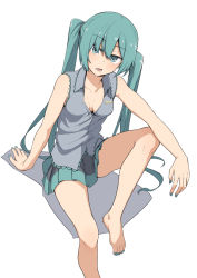 Rule 34 | 1girl, bare legs, barefoot, blue eyes, blue hair, blue nails, blue skirt, blush, breasts, cleavage, collared shirt, commentary, grey shirt, hair between eyes, hatsune miku, invisible chair, long hair, looking at viewer, medium breasts, miniskirt, nail polish, open mouth, pleated skirt, salpin, shirt, simple background, sitting, skirt, sleeveless, sleeveless shirt, solo, toenail polish, toenails, twintails, vocaloid, white background