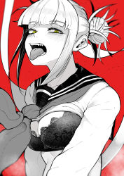 Rule 34 | 1girl, absurdres, black bra, black sailor collar, boku no hero academia, bra, breasts, cleavage, clothes lift, grey neckerchief, hair bun, highres, lace, lace-trimmed bra, lace trim, neckerchief, red background, sailor collar, school uniform, serafuku, sharp teeth, shirt lift, short hair, small breasts, solo, spot color, teeth, toga himiko, tongue, tongue out, underwear, upper body, yellow eyes, zd (pixiv6210083)