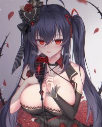 Rule 34 | 1girl, azur lane, black dress, black hair, breasts, character name, detached sleeves, dress, flower, hair between eyes, hair ornament, hair ribbon, hand on own chest, large breasts, long hair, looking at viewer, microphone, microphone stand, pong (vndn124), red eyes, red ribbon, ribbon, rose, single sleeve, solo, strapless, strapless dress, taihou (azur lane), taihou (muse) (azur lane), twintails, upper body, very long hair