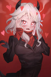 Rule 34 | 1girl, absurdres, black suit, blush, breasts, demon girl, demon horns, demon tail, formal, heart, heart-shaped pupils, helltaker, highres, horns, long sleeves, looking at viewer, modeus (helltaker), red background, red eyes, red sweater, sb lama, shirt, short hair, simple background, skirt, solo, suit, sweater, symbol-shaped pupils, tail, white hair