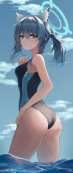 Rule 34 | 1girl, animal ear fluff, animal ears, ass, bare shoulders, bikini, black one-piece swimsuit, blue archive, blue eyes, blue sky, blush, cloud, cloudy sky, commentary, competition swimsuit, cross, cross hair ornament, day, extra ears, from behind, grey hair, hair ornament, halo, highres, inverted cross, long hair, looking at viewer, looking back, low ponytail, lows., mismatched pupils, multicolored clothes, multicolored swimsuit, ocean, official alternate costume, one-piece swimsuit, outdoors, parted lips, ponytail, revision, shiroko (blue archive), shiroko (swimsuit) (blue archive), sky, solo, standing, swimsuit, two-tone swimsuit, wading, water, wedgie, wet