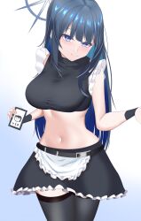 Rule 34 | 1girl, absurdres, apron, black shirt, black skirt, black thighhighs, blue archive, blue background, blue eyes, blue hair, blush, breasts, commentary request, cowboy shot, crop top, frilled apron, frills, gradient background, highres, holding, large breasts, long hair, looking at viewer, midriff, miniskirt, navel, no headwear, rxsilence, saori (blue archive), shirt, skirt, sleeveless, sleeveless shirt, smile, solo, standing, stomach, thighhighs, thighs, very long hair, waist apron, white apron, white background