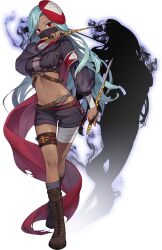 Rule 34 | 1girl, artist request, bandages, bare legs, black shorts, blue hair, boots, chrono ark, covered mouth, crop top, highres, holding, holding weapon, long hair, long sleeves, looking at viewer, mask, mask on head, navel, non-web source, official art, red eyes, red scarf, scarf, shorts, socks, transparent background, trisha (chrono ark), weapon