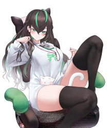 Rule 34 | 1girl, absurdres, antenna hair, black hair, black thighhighs, breasts, cat, chair, closed mouth, commentary, earbuds, earphones, gaming chair, green eyes, green hair, hair between eyes, highres, holding, jacket, knee up, long hair, long sleeves, looking at viewer, multicolored hair, nijisanji, nijisanji kr, object on breast, on chair, phone, riba, shin yuya, simple background, sitting, solo, swivel chair, symbol-only commentary, tawawa challenge, thighhighs, thighs, two-tone hair, virtual youtuber, white background, white jacket