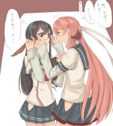 Rule 34 | 10s, ?, ??, akashi (kancolle), black hair, clipboard, glasses, green eyes, hip vent, hollomaru, kantai collection, long hair, ooyodo (kancolle), pink hair, skirt, speech bubble, thought bubble, translation request, very long hair, yuri