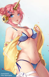 Rule 34 | 1girl, :o, bare shoulders, bikini, blue background, blue bikini, blue eyes, blush, breasts, character name, cleavage, collarbone, copyright name, covered erect nipples, cowboy shot, double bun, dutch angle, fang, fate/apocrypha, fate/grand order, fate (series), frankenstein&#039;s monster (fate), frankenstein&#039;s monster (swimsuit saber) (fate), frankenstein&#039;s monster (swimsuit saber) (first ascension) (fate), gradient background, hair bun, hair ornament, hairclip, headgear, highres, holding, horns, l.bou, looking at viewer, medium breasts, navel, open mouth, parted bangs, pink hair, revision, short hair, side-tie bikini bottom, single horn, solo, standing, stomach, swimsuit, thigh strap, wet