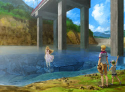 Rule 34 | 1girl, 2boys, baseball cap, blonde hair, blue sky, bracelet, bridge, commentary request, dam, day, dress, glasses, grass, hand up, hat, jewelry, long hair, multiple boys, no socks, original, oropi, outdoors, ripples, river, ruins, sandals, scenery, shirt, short sleeves, shorts, sky, standing, standing on liquid, straw hat, water, water surface, white dress, wide shot