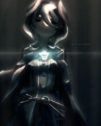 Rule 34 | 1girl, black background, black cape, black coat, black eyes, black hair, breasts, cape, coat, cowboy shot, glowing, hair between eyes, highres, long sleeves, looking at viewer, made in abyss, marudoll, multicolored hair, ozen, short hair, simple background, solo, two-tone hair, whistle, whistle around neck, white hair