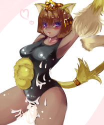 Rule 34 | 1girl, animal ears, animal hands, armpits, blush, breasts, brown hair, cat ears, cat paws, cat tail, cowboy shot, egyptian, heart, highres, monster girl, monster girl encyclopedia, one-piece swimsuit, paundo2, purple eyes, solo, sphinx, sphinx (monster girl encyclopedia), suggestive fluid, swimsuit, tail, tongue, tongue out, yogurt