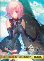 Rule 34 | 1girl, armor, armored boots, black leotard, blue eyes, boots, breasts, cloud, cloudy sky, day, elbow gloves, fate/grand order, fate (series), gloves, hair over one eye, highres, leotard, looking at viewer, mash kyrielight, medium breasts, outdoors, pink hair, purple gloves, short hair, sky, smile, solo, takeuchi takashi, thigh boots, thighhighs