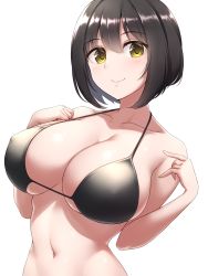Rule 34 | 1girl, bare shoulders, bikini, black bikini, black hair, bob cut, breasts, cleavage, closed mouth, collarbone, contrapposto, covered erect nipples, hair between eyes, hands up, highres, idolmaster, idolmaster cinderella girls, large breasts, looking at viewer, medium hair, navel, pataneet, shiny clothes, simple background, smile, solo, swimsuit, takafuji kako, upper body, white background, yellow eyes