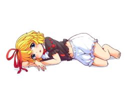 Rule 34 | 1girl, barefoot, black shirt, blonde hair, bloomers, blue eyes, blush, crop top, frilled shirt collar, frills, full body, hair ribbon, itatatata, looking at viewer, lying, medicine melancholy, midriff, navel, neck ribbon, no pants, on side, open mouth, red ribbon, ribbon, ribbon-trimmed sleeves, ribbon trim, shadow, shirt, short hair, simple background, solo, touhou, underwear, white background, white bloomers