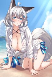 Rule 34 | 1girl, :o, ahoge, all fours, animal ears, bare legs, barefoot, bikini, bikini under clothes, blue eyes, blue sky, blush, bow, braid, breasts, cleavage, cloud, collarbone, collared shirt, criss-cross halter, curly hair, day, expressionless, grey hair, hair between eyes, hair ornament, halterneck, large breasts, light rays, long sleeves, looking at viewer, micro bikini, open clothes, open mouth, open shirt, original, outdoors, shirokuma a, shirt, short hair, sky, solo, star (symbol), star hair ornament, string bikini, striped, striped bow, sunlight, swimsuit, tail, turning head, water, white bikini, white shirt