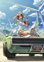Rule 34 | 1girl, brown hair, canada, car, charger, cloud, crossed legs, day, dodge (company), dodge charger, hat, highres, indian style, long hair, motor vehicle, mountain, omar dogan, on vehicle, one eye closed, open mouth, ponytail, sandals, signature, sitting, sky, smile, solo, vehicle, wind turbine, windmill, wink