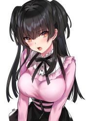 Rule 34 | 1girl, alracoco, black ribbon, black skirt, blue eyes, blunt bangs, blush, breasts, frilled shirt, frills, high-waist skirt, highres, idolmaster, idolmaster shiny colors, large breasts, long hair, long sleeves, looking at viewer, mayuzumi fuyuko, neck ribbon, pink shirt, ribbon, shirt, skirt, solo, straight hair, two side up, upper body, very long hair, white background