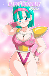 Rule 34 | 1girl, absurdres, adapted costume, aqua eyes, aqua hair, armor, artist name, bare legs, bare shoulders, boots, breastplate, breasts, bulma, cleavage, curvy, dmayaichi, dragon ball, dragonball z, earrings, hairband, hand in own hair, hand up, happy birthday, highleg, highleg leotard, highres, jewelry, large breasts, leotard, leotard under clothes, long hair, naughty face, saiyan armor, see-through, see-through leotard, signature, skindentation, solo, standing, thong leotard