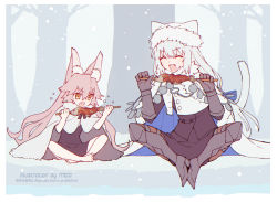 Rule 34 | 2girls, aged down, animal ear fluff, animal ears, artist name, barefoot, cape, capelet, cat ears, cat girl, cat tail, closed eyes, coat, commentary request, dobrynya nikitich (fate), dobrynya nikitich (first ascension) (fate), eating, fang, fangs, fate/grand order, fate (series), fish (food), fox ears, fox girl, fox tail, full body, fur trim, gauntlets, grilled fish, hair between eyes, happy, hat, koyanskaya (fate), long hair, meiji ken, multiple girls, open mouth, pink hair, sidelocks, sitting, skin fang, snow, snowing, stick, tail, tamamo (fate), tree, v-shaped eyebrows, white cape, white hair, winter, winter clothes, winter coat, yellow eyes
