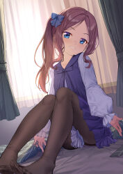 Rule 34 | 1girl, backlighting, blue dress, blue eyes, blush, breasts, brown hair, brown pantyhose, coffeekite, curtains, dress, fate/grand order, fate (series), forehead, grin, highres, leonardo da vinci (fate), leonardo da vinci (fate/grand order), leonardo da vinci (rider) (fate), long hair, long sleeves, looking at viewer, one side up, pantyhose, parted bangs, sitting, small breasts, smile, solo, window