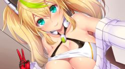 Rule 34 | 1girl, alternate costume, aqua eyes, asamura hiori, bare shoulders, blonde hair, blush, breasts, cleavage, commentary request, crop top, detached sleeves, dutch angle, gene (pso2), green hair, hair between eyes, halterneck, highres, large breasts, light smile, lips, long hair, looking at viewer, multicolored hair, out-of-frame censoring, phantasy star, phantasy star online 2, ribbed sweater, shiny skin, solo, sweater, twintails, upper body