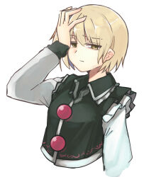 Rule 34 | 1girl, black vest, blonde hair, breasts, buttons, closed mouth, cropped torso, frilled shirt collar, frills, ginnkei, long sleeves, looking at viewer, lunasa prismriver, no headwear, shirt, short hair, simple background, small breasts, solo, touhou, vest, white background, white shirt, yellow eyes