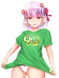 Rule 34 | 1girl, absurdres, anger vein, bad id, bad pixiv id, blush, bow, bow panties, breasts, collarbone, earrings, fate/grand order, fate (series), green shirt, hair ribbon, highres, jewelry, kama (fate), looking at viewer, no pants, open mouth, panties, quick shirt, rebaria, red eyes, ribbon, shirt, short hair, short sleeves, silver hair, simple background, small breasts, t-shirt, thighs, triangle mouth, underwear, white background, white panties