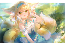 Rule 34 | 1girl, :d, animal ear fluff, animal ears, arknights, bare shoulders, blonde hair, blue hairband, blue skirt, blush, day, flower, fox ears, fox tail, frilled hairband, frills, grass, green eyes, hair between eyes, hairband, highres, irisrey, letterboxed, long hair, multiple tails, open mouth, outdoors, shirt, short sleeves, skirt, smile, solo, suzuran (arknights), tail, white shirt, yellow flower