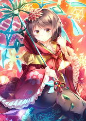 Rule 34 | 1girl, absurdres, brown hair, duel monster, floral print, flower, hair flower, hair ornament, hand up, highres, japanese clothes, kanzakietc, kanzashi, kanzashi the rikka queen, kimono, long sleeves, looking at viewer, red kimono, short hair, sitting, snowflake background, solo, umbrella, yellow eyes, yu-gi-oh!