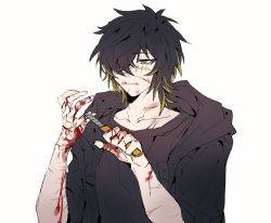 Rule 34 | 1boy, absurdres, black hair, black shirt, bleeding, blood, blouse, boxcutter, brown eyes, brown hair, hair over one eye, highres, holding, holding boxcutter, holding weapon, hood, hood down, hooded jacket, jacket, male focus, medium hair, multicolored hair, nocolour, razor blade, scar, scar on arm, scar on face, self-harm, shirt, simple background, slow damage, solo, towa (slow damage), two-tone hair, upper body, weapon, white background