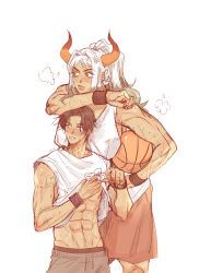 Rule 34 | 1boy, 1girl, abs, alternate costume, arm up, ball, bare arms, bare shoulders, basketball, basketball (object), black hair, breasts, breasts on shoulders, clothes lift, green hair, hands up, height difference, high ponytail, highres, holding, holding ball, horns, huge breasts, jin mi, leaning forward, lifted by self, lips, long hair, looking to the side, multicolored hair, multicolored horns, muscular, muscular male, one piece, orange horns, pants, portgas d. ace, red horns, shirt, shirt lift, short hair, sideboob, simple background, skirt, sleeveless, sleeveless shirt, sportswear, sweat, tall female, thighhighs, two-tone hair, vanilla, white background, white hair, white shirt, wristband, yamato (one piece)