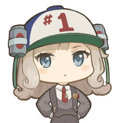 Rule 34 | 1girl, baseball cap, blue eyes, blush, brown hair, can, chibi, closed mouth, collared shirt, dot mouth, drink can, drinking straw, grey shorts, grey sweater, hands on own hips, hat, long hair, long sleeves, looking at viewer, matilda bouanich, necktie, red necktie, reverse:1999, shirt, shorts, soda can, solo, spongebob squarepants (series), sweater, upper body, white background, white hat, white shirt, zhadao lza