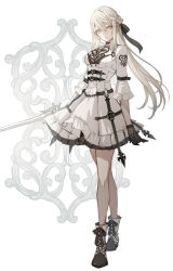Rule 34 | 1girl, ankle boots, arm belt, black gloves, black ribbon, blonde hair, boots, breasts, closed mouth, dress, full body, gloves, hair between eyes, hair ribbon, highres, holding, holding sword, holding weapon, long hair, looking at viewer, medium breasts, original, ribbon, senano-yu, sidelocks, solo, standing, sword, weapon, white background, white dress, white footwear, yellow eyes