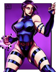 Rule 34 | 1girl, absurdres, artist request, biceps, blue leotard, breasts, curvy, fighting stance, glowing, glowing hand, highleg, highleg leotard, highres, large breasts, leotard, long hair, looking to the side, marvel, psylocke, purple eyes, purple hair, revealing clothes, shiny skin, simple background, wide hips, x-men