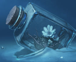 Rule 34 | blue theme, bottle, cork, flower, monochrome, no humans, original, reishin (tenpurasoba), sand, seashell, shell, ship, ship in a bottle, underwater, water, watercraft