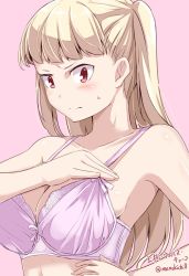 Rule 34 | 1girl, 3:, blush, bra, breasts, character name, cleavage, closed mouth, collarbone, kichihachi, large breasts, long hair, looking down, pink background, pink bra, red eyes, simple background, solo, sweatdrop, tokyo 7th sisters, twitter username, two side up, uesugi u. kyouko, underwear, upper body