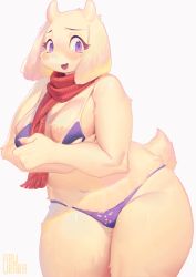 Rule 34 | 1girl, bikini, blue eyes, breasts, furry, furry female, goat, highres, inuki (aruurara), medium breasts, mature female, open mouth, plump, solo, swimsuit, thick thighs, thighs, toriel, undertale