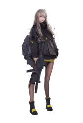 Rule 34 | 1girl, absurdres, bag, baggy clothes, black footwear, black jacket, black pantyhose, boots, brown eyes, brown hair, brown pantyhose, commentary, english commentary, full body, girls&#039; frontline, grey hair, gun, h&amp;k ump, h&amp;k ump, hair between eyes, hair ornament, heckler &amp; koch, highres, holding, holding gun, holding weapon, jacket, lips, lizchief, long hair, looking at viewer, nose, official alternate costume, one side up, pantyhose, pleated skirt, scar, scar across eye, scar on face, simple background, skirt, smile, solo, submachine gun, trigger discipline, ump45 (girls&#039; frontline), ump45 (winter journey) (girls&#039; frontline), weapon, white background