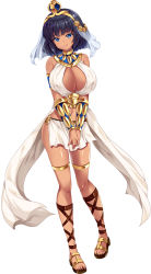 Rule 34 | 1girl, absurdres, ancient egypt, armlet, bare legs, bare shoulders, black hair, blue eyes, blush, bracelet, breasts, cleavage, collar, crown, dark skin, dark-skinned female, egyptian, embarrassed, feet, female focus, full body, highres, hinata sora, jewelry, large breasts, legs, looking at viewer, midriff, navel, pelvic curtain, revealing clothes, sandals, short hair, shy, solo, standing, thighlet, toes, v arms, veil
