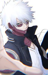 Rule 34 | 1boy, black jacket, blue eyes, boku no hero academia, burn scar, commentary request, dabi (boku no hero academia), foreshortening, grey eyes, grey hair, hand up, highres, jacket, looking at viewer, male focus, open clothes, open jacket, piercing, scar, short hair, simple background, solo, spiked hair, spoilers, sumi (sumi354), todoroki touya, twitter username, upper body, white background, white hair