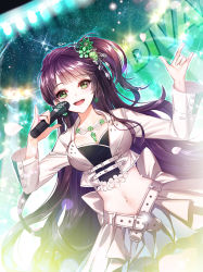 Rule 34 | 1girl, belt, belt skirt, black hair, blush, breasts, cleavage, collarbone, eu (euspia), gem, green eyes, green skirt, highres, holding, holding microphone, jewelry, large breasts, long hair, long sleeves, looking at viewer, mabinogi, microphone, navel, open mouth, revision, skirt, smile, solo, starlet, teeth