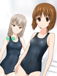 Rule 34 | 10s, 2girls, bad id, bad pixiv id, blue eyes, breasts, brown eyes, brown hair, girls und panzer, gradient background, grey hair, highres, itsumi erika, multiple girls, new school swimsuit, nishizumi miho, one-piece swimsuit, school swimsuit, short hair, small breasts, standing, striped background, swim cap, swimsuit, takafumi