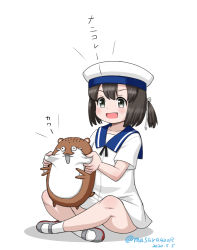 Rule 34 | 1girl, 1other, black hair, blue eyes, bob cut, bokukawauso, cheek pinching, commentary request, daitou (kancolle), dated, dress, fang, hat, high ponytail, indian style, kantai collection, masara (chuujou), otter, pinching, sailor collar, sailor dress, sailor hat, shoes, short hair, short sleeves, sidelocks, simple background, sitting, smile, socks, twitter username, uwabaki, white background, white dress, white legwear