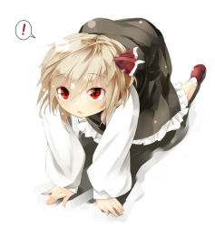 Rule 34 | !, 1girl, all fours, black dress, blonde hair, blush, dress, gorilla (bun0615), hair ribbon, highres, long hair, long sleeves, looking at viewer, open mouth, red eyes, ribbon, rumia, shirt, short hair, simple background, skirt, solo, spoken exclamation mark, touhou, white background