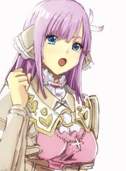 Rule 34 | 1girl, armor, blue eyes, breasts, miki sauvester, murata tefu, open mouth, pink hair, short hair, solo, star ocean, star ocean integrity and faithlessness, white background