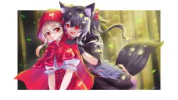 Rule 34 | 2girls, animal ears, black hair, blonde hair, buttons, capelet, cloak, commentary, forest, highres, hitatsuphat, hood, leaf, little red riding hood, multiple girls, nature, nijigen project, nika lan linh, nika linh lan, red capelet, red cloak, red eyes, tail, virtual youtuber, wolf girl, wolf tail