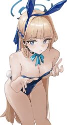 Rule 34 | 1girl, absurdres, animal ears, aqua ribbon, bare legs, bare shoulders, blonde hair, blue archive, blue eyes, blue leotard, blunt bangs, blush, braid, breasts, cleavage, detached collar, feet out of frame, french braid, groin, halo, headset, highres, jun daniell, leotard, long hair, looking at viewer, medium breasts, official alternate costume, playboy bunny, rabbit ears, rabbit tail, ribbon, simple background, solo, tail, toki (blue archive), toki (bunny) (blue archive), very long hair, white background
