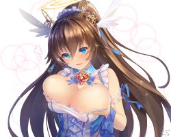Rule 34 | 1girl, armband, bettle (b s a n), blue collar, blue eyes, blue ribbon, breast hold, breasts, brown hair, cleavage, collar, detached collar, dress, halo, head wings, highres, large breasts, long hair, looking at viewer, ribbon, sennen sensou aigis, simple background, smile, solo, sophie (sennen sensou aigis), upper body, very long hair, white background, white dress, wings