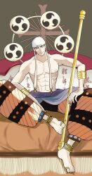 Rule 34 | 1boy, abs, absurdres, aomushimm, bandana, bare pectorals, bracelet, closed mouth, commentary request, drum, earrings, enel, eyelashes, highres, holding, holding polearm, holding weapon, instrument, jewelry, long earlobes, looking at viewer, one piece, pectorals, polearm, sitting, smile, solo, toe ring, tomoe (symbol), topless male, weapon, white bandana